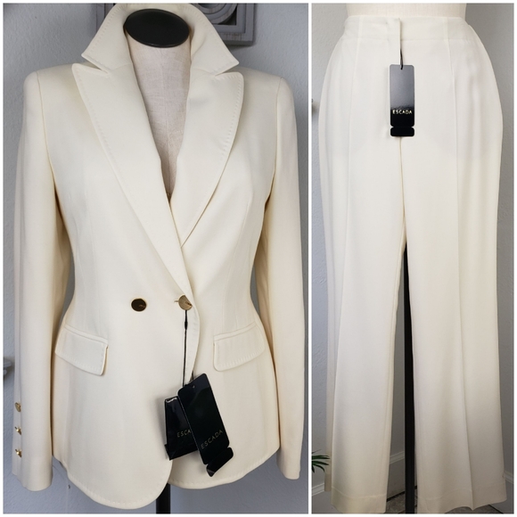 Escada Pants - Escada Cream Blazer Pants Suit Double Breasted Pockets Tapered Leg NWT  10/12